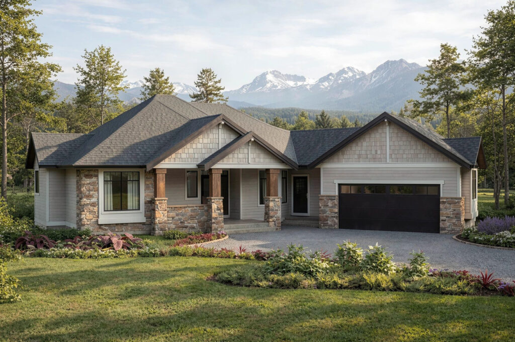 Jenish modern bungalow house plan front elevation with stone columns and attached two‑car garage — suitable for BC