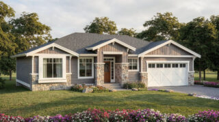 Jenish modern bungalow house plan front elevation with stone columns and attached two‑car garage — suitable for Kelowna, BC