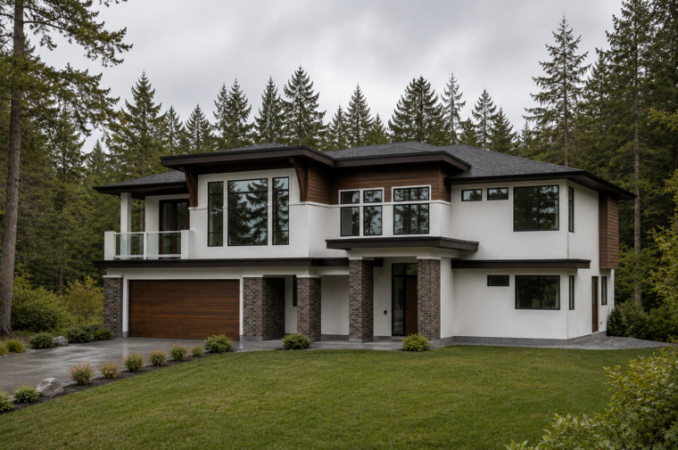 raised single family home design in bc built on a sloped lot