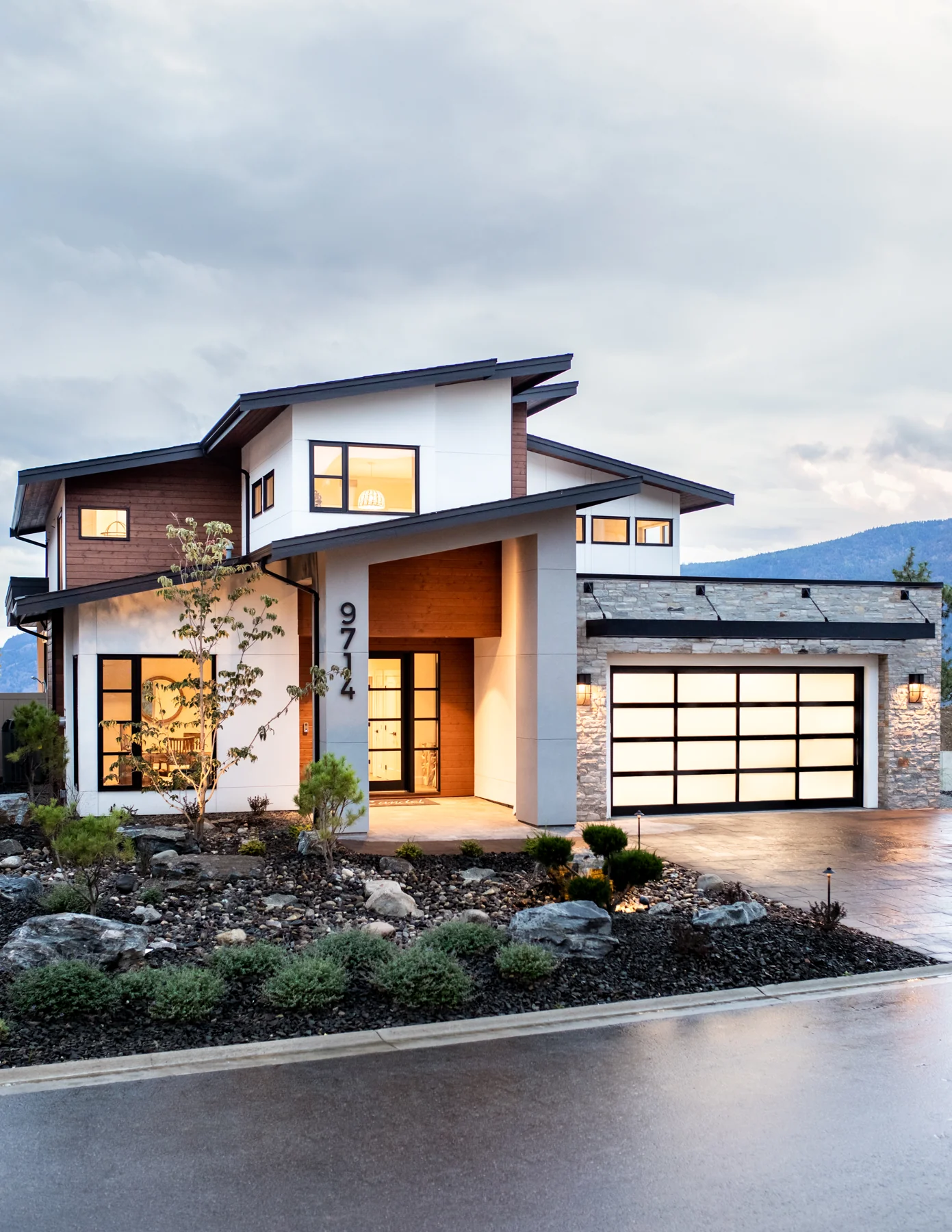 Jenish home illuminated at dusk
